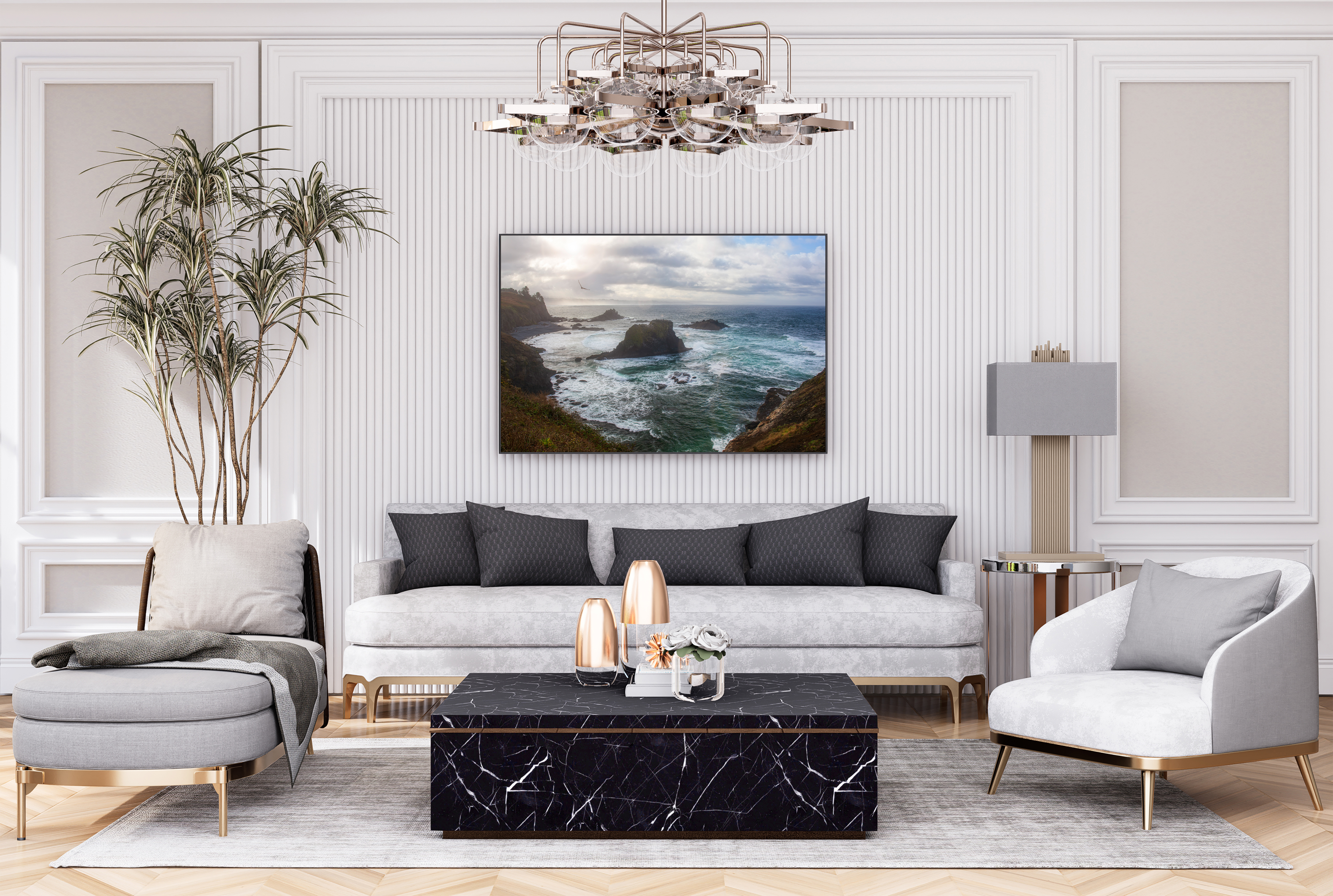 Modern living room with Oregon coast cliffs framed print